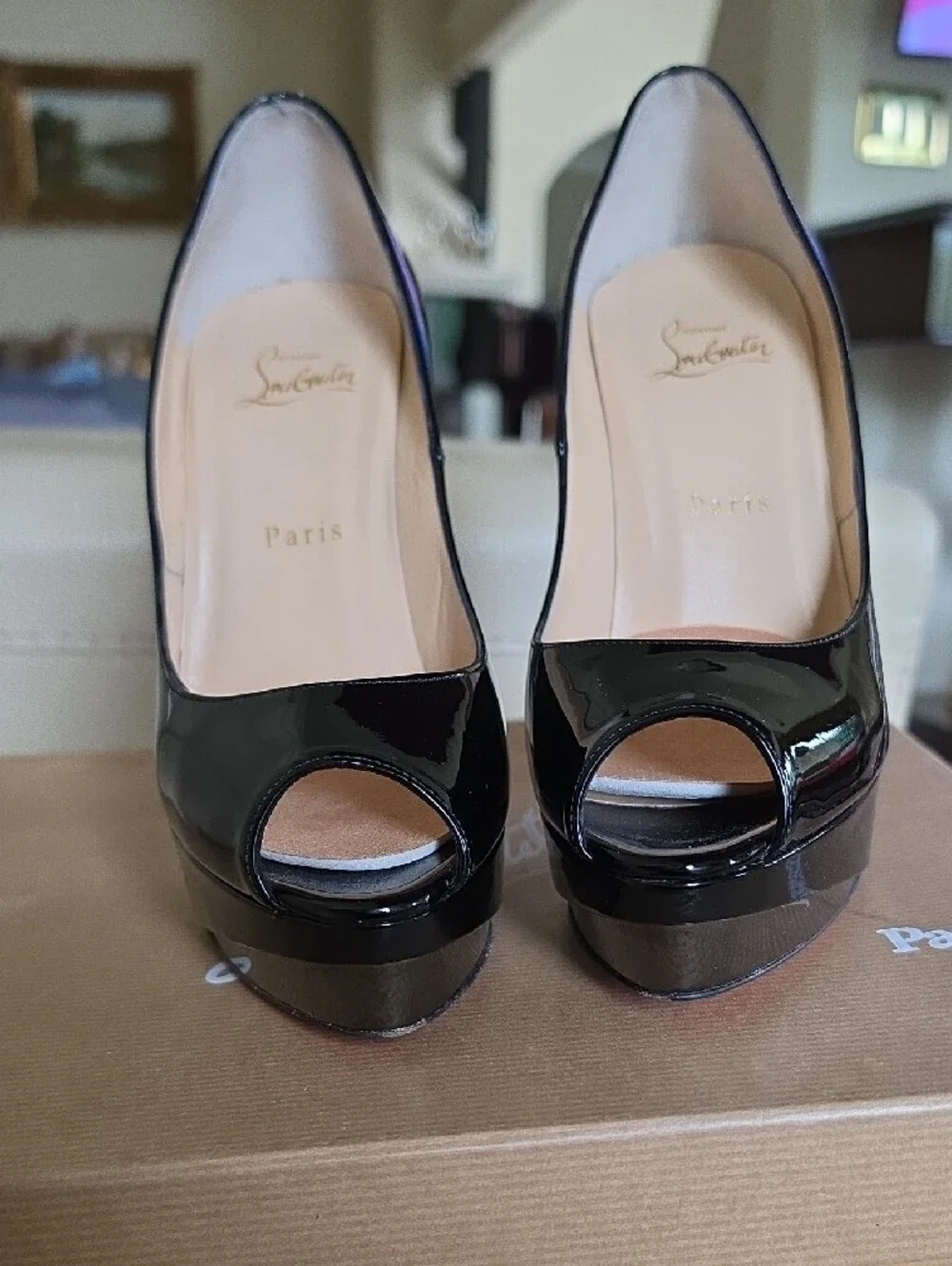 Christian Louboutin Black Patent Peep-Toe Platform Heels